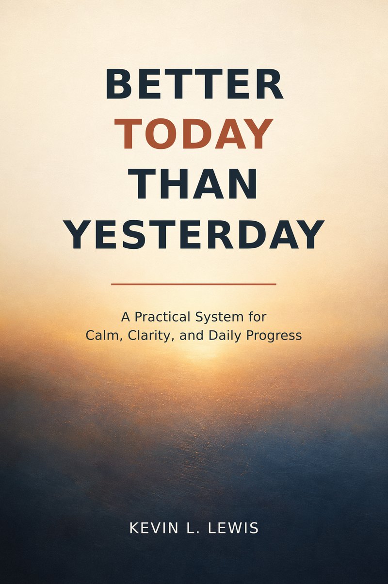 Front cover of Better Today Than Yesterday: A Practical System for Calm, Clarity, and Daily Progress by Kevin L. Lewis, with a sunrise over a misty horizon